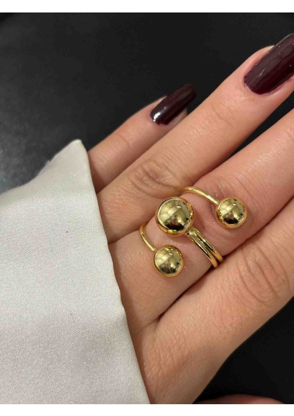 Üç Top Tasarım Gold Ayarlanabilir Yüzük