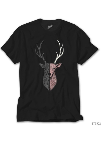 Geyik Çizim Siyah Tişört