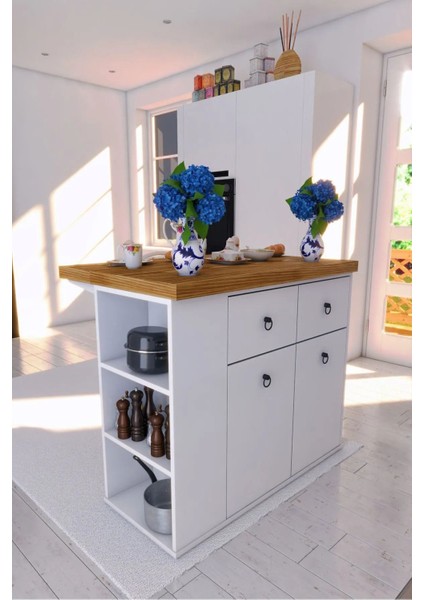 2 Kapaklı 2 Çekmeceli Geniş-Dar Raflı Dekoratif Şık Mutfak Adası