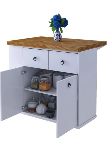 2 Kapaklı 2 Çekmeceli Geniş-Dar Raflı Dekoratif Şık Mutfak Adası modelleri