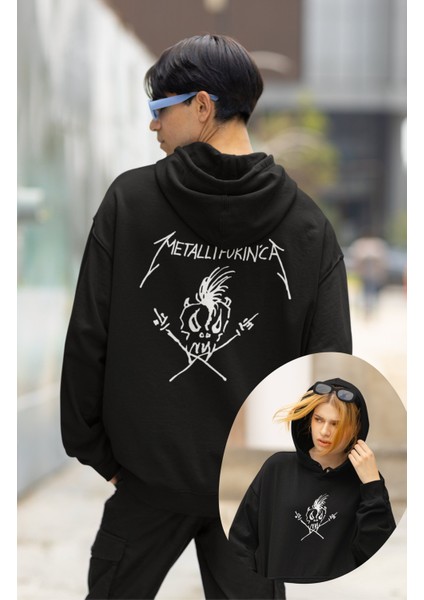 Unisex Funny Metallica Sırt Baskılı Kapüşonlu Sweatshirt, Oversize Rock Metal Müzik Baskılı Hoodie