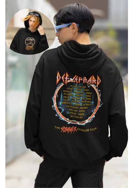 Unisex Def Leppard Sırt Baskılı Kapüşonlu Sweatshirt, Oversize Rock Band Baskılı Hoodie