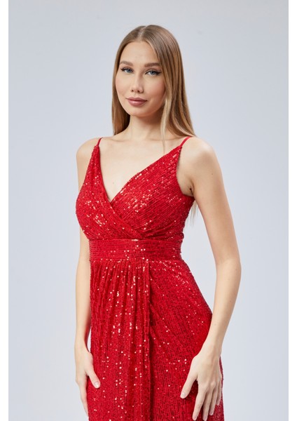 Kruvaze Yaka Ip Askılı Payet Abiye Elbise modelleri