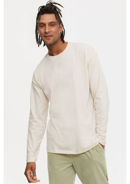 Erkek Ekru Basic Bisiklet Yaka Uzun Kollu T-Shirt %100 Pamuk Sweatshirt