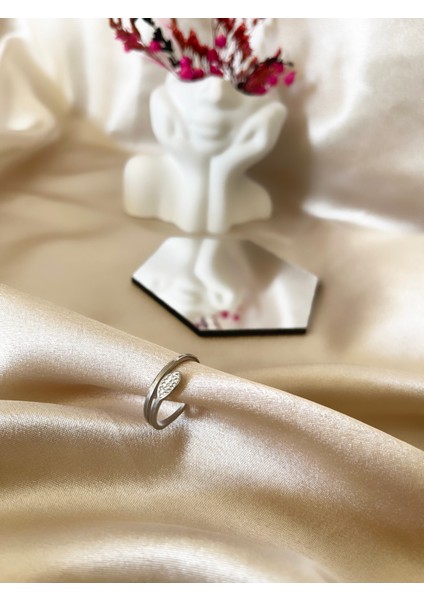 Zirkon Taş Detay Yılan Silver Ayarlanabilir Çelik Yüzük