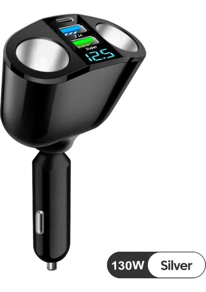 360 Derece 130W Siyah 2'li Çakmaklık USB ve Type C Soketli Araç Şarj Adaptörü - Süper Hızlı Pd Şarj