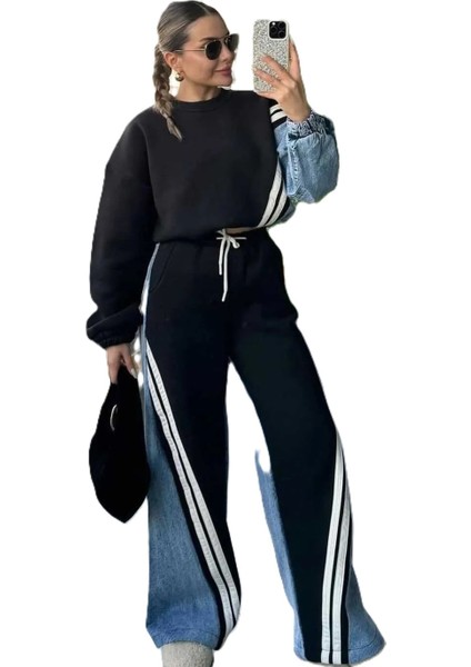 Polopass 027 Kadın Penye Kot Denim Şeritli Eşofman Takımı