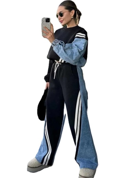 Polopass 027 Kadın Penye Kot Denim Şeritli Eşofman Takımı