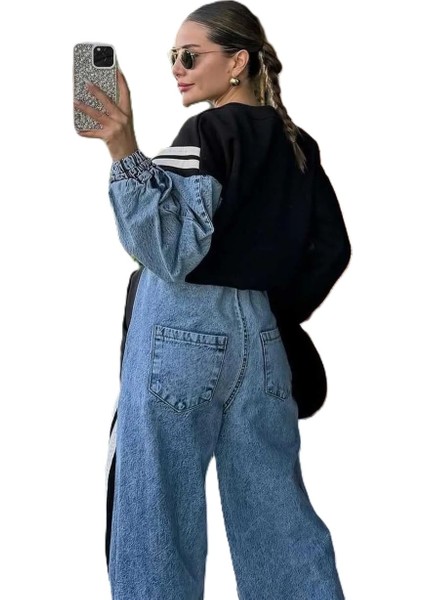 Polopass 027 Kadın Penye Kot Denim Şeritli Eşofman Takımı