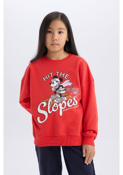 Kız Çocuk Disney Mickey & Minnie Oversize Geniş Kalıp Bisiklet Yaka Sweatshirt D4377A824WN