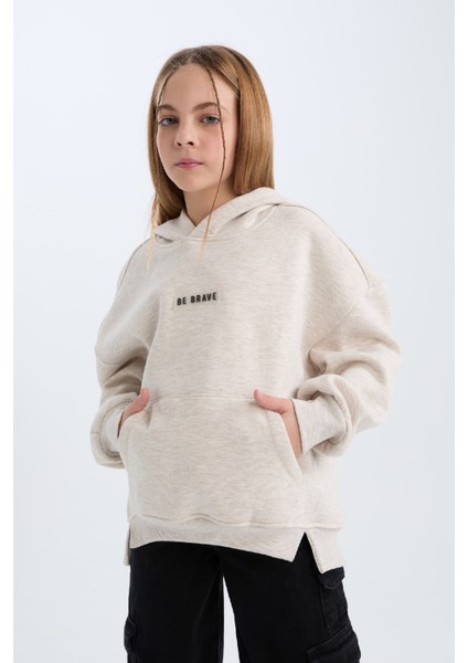 Kız Çocuk Oversize Geniş Kalıp Kapüşonlu Baskılı İçi Yumuşak Tüylü Kalın Sweatshirt D6185A824WN