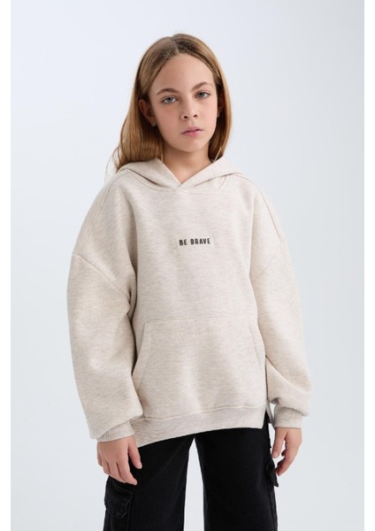 Kız Çocuk Oversize Geniş Kalıp Kapüşonlu Baskılı İçi Yumuşak Tüylü Kalın Sweatshirt D6185A824WN