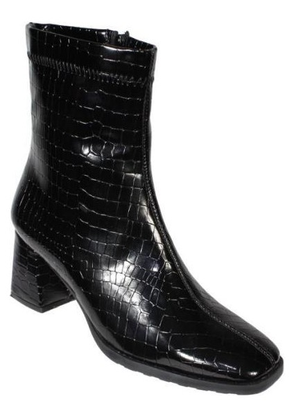 Yazkış Kadın Siyah Rugan DESEN16CM Bilek Boyu Yandan Fermuarlı 6cm Kalın Topuk Kut Burun Topuklu Bot