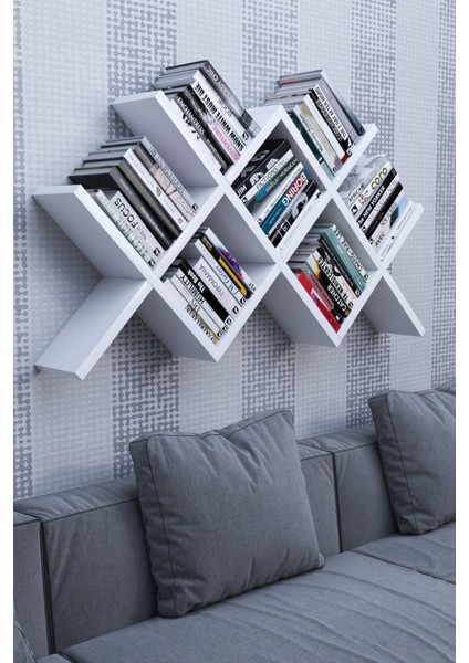 Geniş Raflı Çoklu Bölmeli Duvara Monte Dekoratif Kitaplık