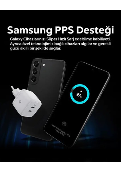 35W USB-C 2 Port Mini Hızlı Şarj Aleti Samsung PPS / Isı Düşürücü GaN Destekli Akım Korumalı Güç Adaptörü iPhone & Android & iPad & MacBook Type-C - ACH03714