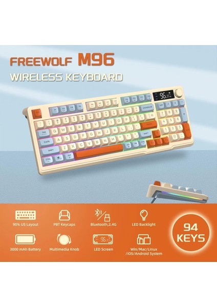 Freewolf M96 2.4g+Bt5.0 Çift Bağlantılı Tft LED Ekranlı Manyetik Switch Reinbow Gaming Oyuncu Klavye