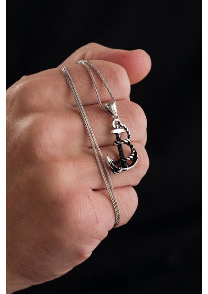 Gümüş Halatlı Gemi Çapa Denizci Balıkçı Erkek Kolye