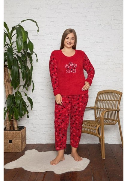 Kırmızı Polar Kadın Büyük Beden Kışlık Pijama Takımı