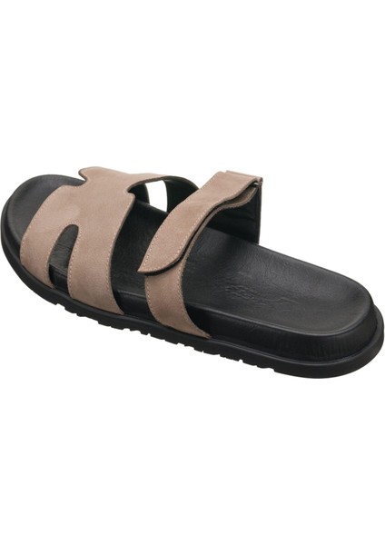 PAŞA108 Antrasit Dana Nubuk Deri Erkek Sandalet Terlik Dana Derisi Rahat Kalıp Şık Tasarım