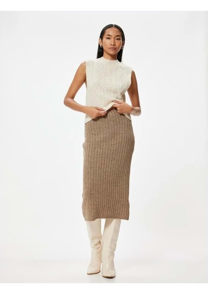 Kadın Giyim Midi Boy Triko Kalem Etek Standart Bel - Koton - 5WAK70001HT - Vizon - L