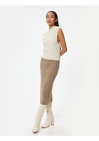 Kadın Giyim Midi Boy Triko Kalem Etek Standart Bel - Koton - 5WAK70001HT - Vizon - L fırsatları