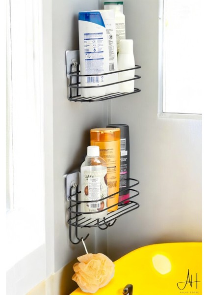 Yapışkanlı Siyah 2'li Banyo Düzenleyici Şampuanlık Sabunluk Oval Bayo Duş Rafı Organizer