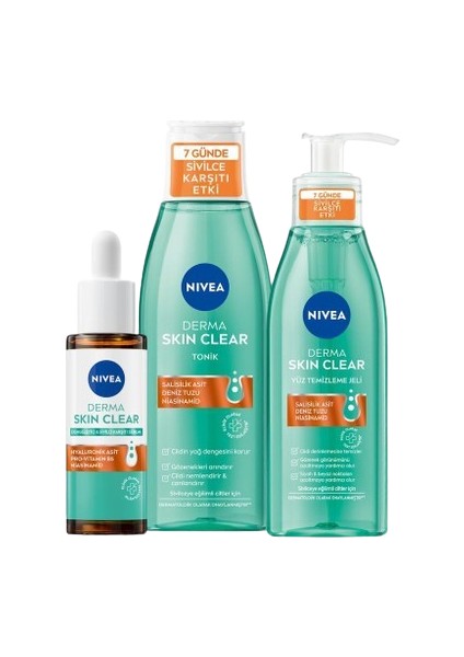 Derma Skin Clear Karşıtı Cilt Bakım Seti, Serum 30ml, Yüz Temizleme Jeli 150ml, Tonik 200ml