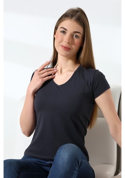 Pamuklu Penye Kompakt Likralı V Yaka Kısa Kol Basic T-Shirt 21043 Füme modelleri