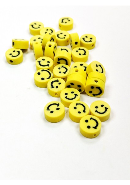30 Adet 10 mm Polimer Kil Fimo Boncuk Takı Bileklik + 1 Metre Lastikli Misina Hediye - Gülen Yüz Smile