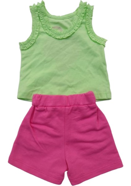 Kız Çocuk Ikili Takım Baskılı Atlet Şort Yeşil - Pembe 9-12 Ay Yeşil-Pembe
