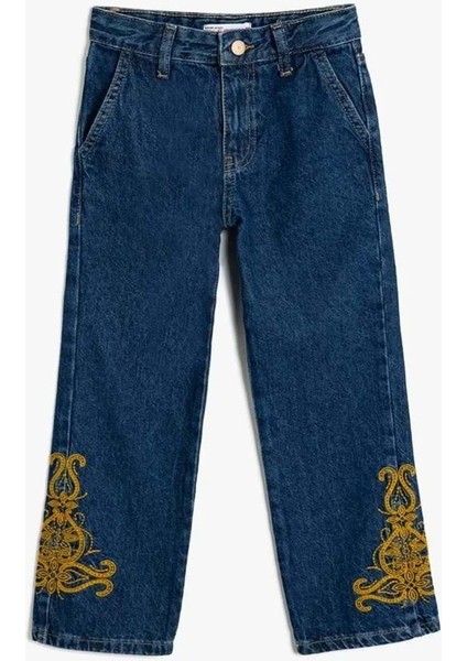 Kız Çocuk Işlemeli Kot Pantolon - Straight Jean - Koton - 5WKG40093AD - Orta Indigo - 9-10 Yaş
