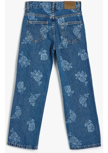 Kız Çocuk Kot Pantolon Çiçek Baskılı Cep Detaylı Pamuklu - Koton - 5WKG40097AD - Orta Indigo - 11-12 Yaş