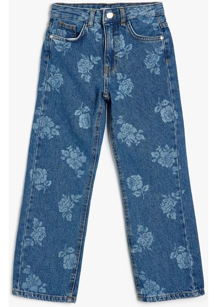 Kız Çocuk Kot Pantolon Çiçek Baskılı Cep Detaylı Pamuklu - Koton - 5WKG40097AD - Orta Indigo - 11-12 Yaş fiyatları