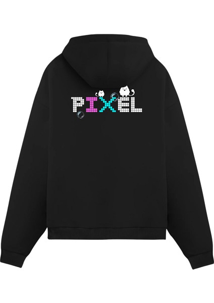Unisex Siyah Pixel Baskılı Oversize Fit Pamuklu Kapüşonlu Sweatshirt