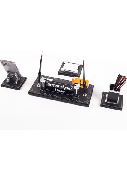 Aura 4 Parça Dikişli Deri Çift Kalemli Masa Isimliği Ofis Seti Lüks Masaüstü Isimlik Seti Hediye