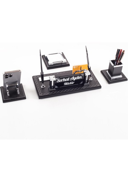Aura 4 Parça Dikişli Deri Çift Kalemli Masa Isimliği Ofis Seti Lüks Masaüstü Isimlik Seti Hediye modelleri