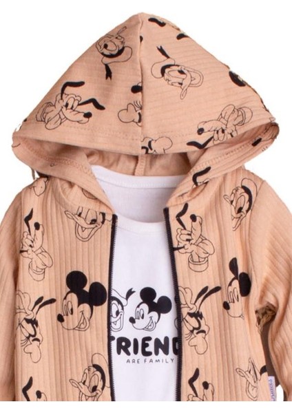 Kız Bebek Kapüşonlu Mickey Mause Pamuklu Zıbınlı Fitilli 3'lü Bebek Takımı
