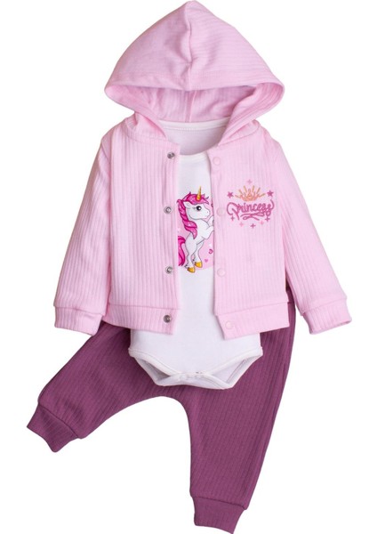 Kız Bebek Kapüşonlu Unicornlu Pamuklu Zıbınlı Fitilli 3'lü Bebek Takımı