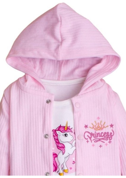 Kız Bebek Kapüşonlu Unicornlu Pamuklu Zıbınlı Fitilli 3'lü Bebek Takımı