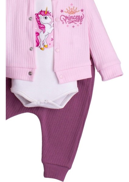Kız Bebek Kapüşonlu Unicornlu Pamuklu Zıbınlı Fitilli 3'lü Bebek Takımı