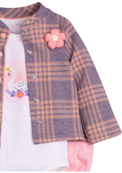 %100 Pamuklu Ekose Kumaş Zıbınlı Bebek 3'lü Takım