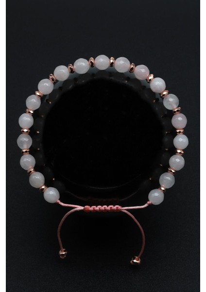 Pembe Kuvars Doğal Taş Makrome Örme Bileklik Küre Kesim