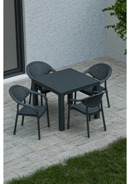 90 x 90 cm Rattan 4 Kişilik Masa Takımı Camsız Bambu Sandalye Balkon Bahçe Teras Takımı Kahverengi Oturma Grubu