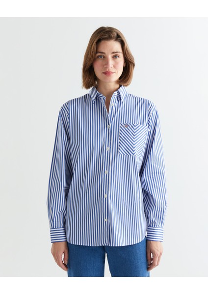 Kadın Mavi Regular Fit Gömlek Yaka Çizgili Gömlek 43824308T.464