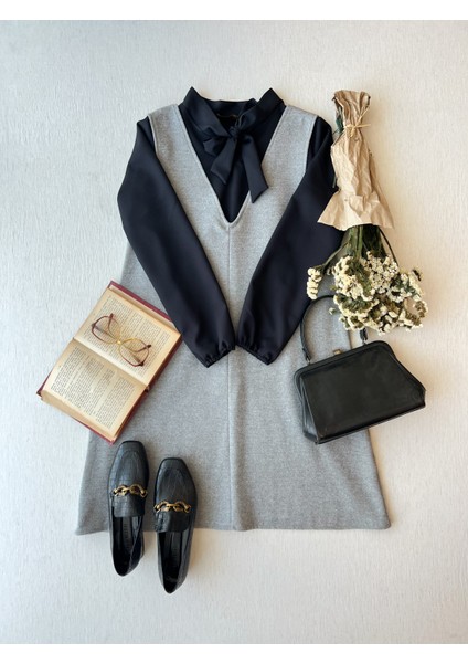 Kısa Gri Kaşe Kışlık V Yaka Jile Elbise