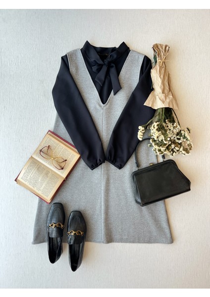 Kısa Gri Kaşe Kışlık V Yaka Jile Elbise fiyatları