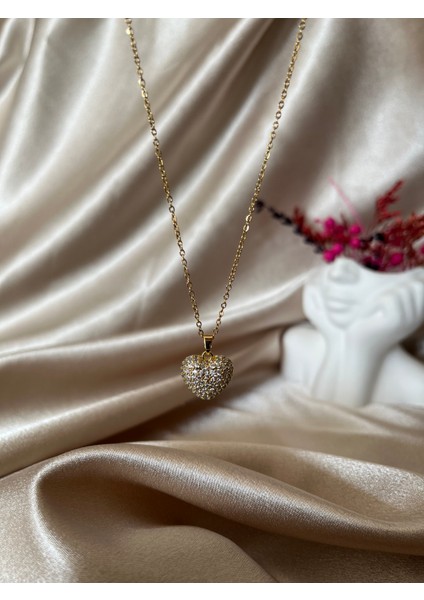 Taş Detay Gold Kalp Kolye