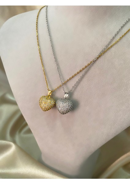 Taş Detay Gold Kalp Kolye modelleri