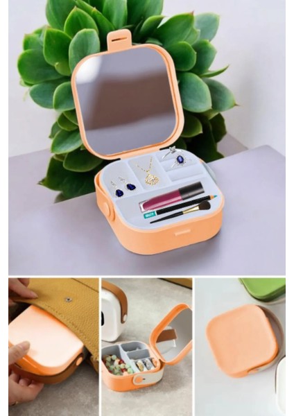 Pearl Aynalı Çanta Içi Mini Makyaj Organizer Seyahat Tipi Takı Düzenleyici Kutu (9 x 9 x 4 cm)