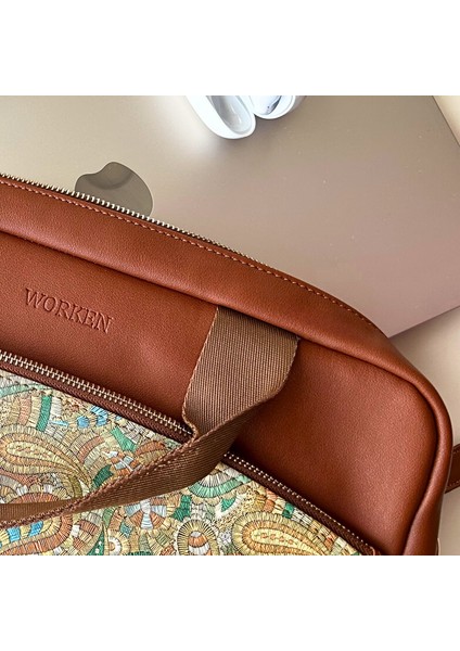 Vegan Deri 15.6 inç Laptop Çantası Omuz Askılı Laptop Çantası, Ofis Çantası, Macbook Pro Air, Şal Desen Baskılı Taba fiyatları